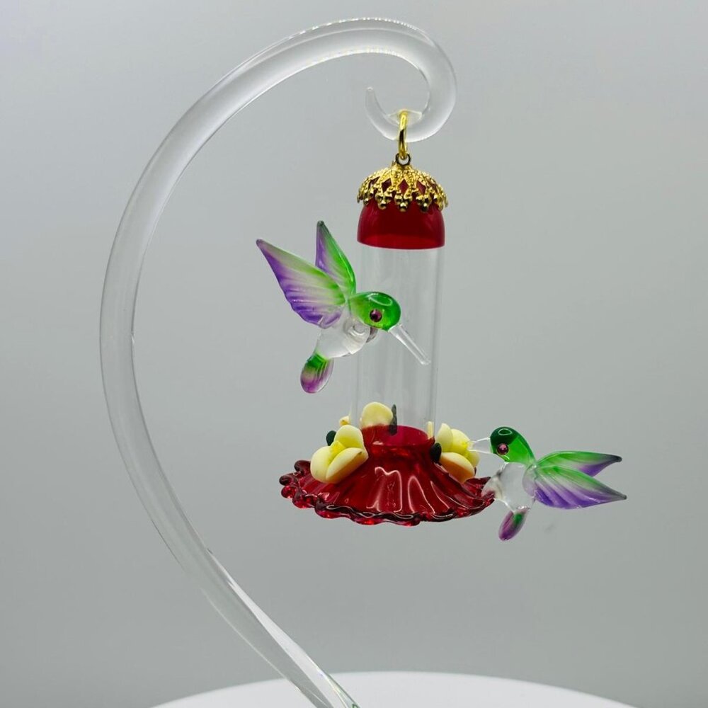 Hummingbird Feeder Figurine | Glass Bird Decor Garden Lover Gift Display